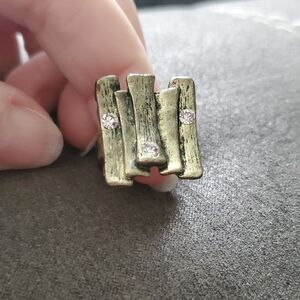 Antique Brass-Tone Adjustable Ring w/ Clear Rhinestones | Hammered Stacked Bar